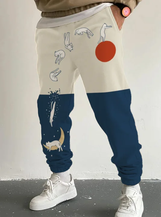 Men's Cat Lover Contrast Color Illustration Print Joggers Sweatpants