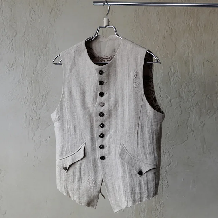 Men's Cotton And Linen Striped Single-Breasted Vest