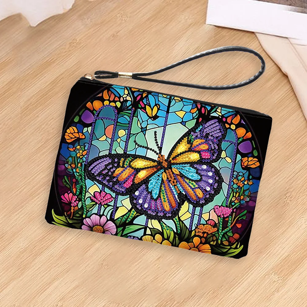 DIY Butterfly PU Partial Special Shaped Diamond Painting Wallet Makeup Bag