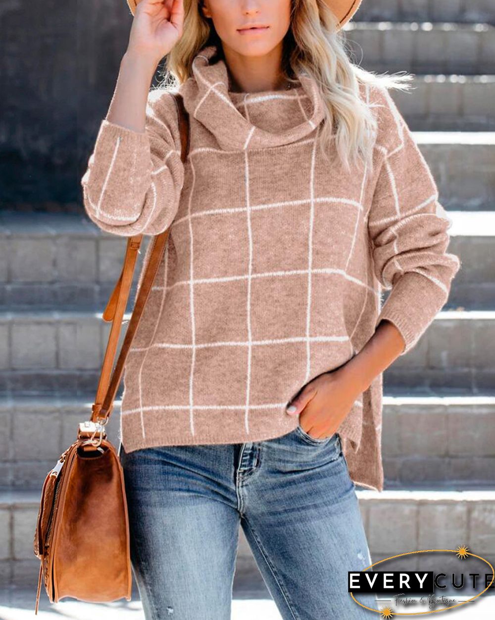 Khaki Plaid Print Turndown Collar Pullover