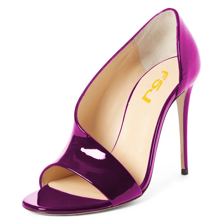 Purple Open Toe Stiletto Heels Mirror Leather Pumps |FSJ Shoes