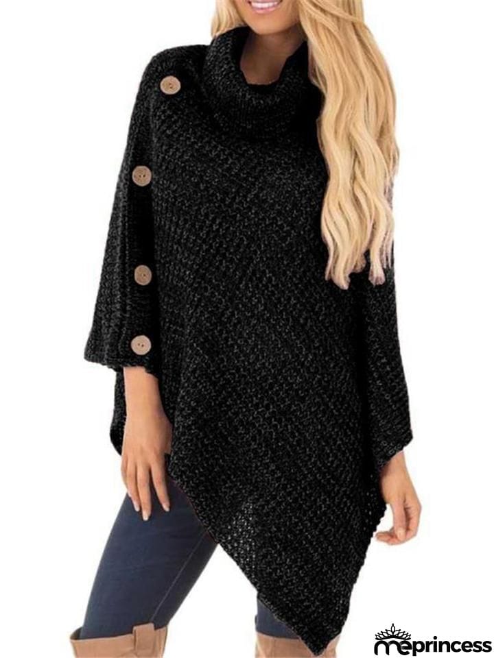 Women Fashion Warm Turtleneck Asymmetrical Sweater Cloak