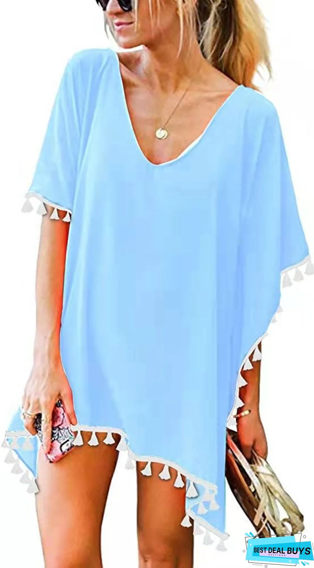 Round Neck Chiffon Tassel Dress Plus Size Loose Beach Blouse