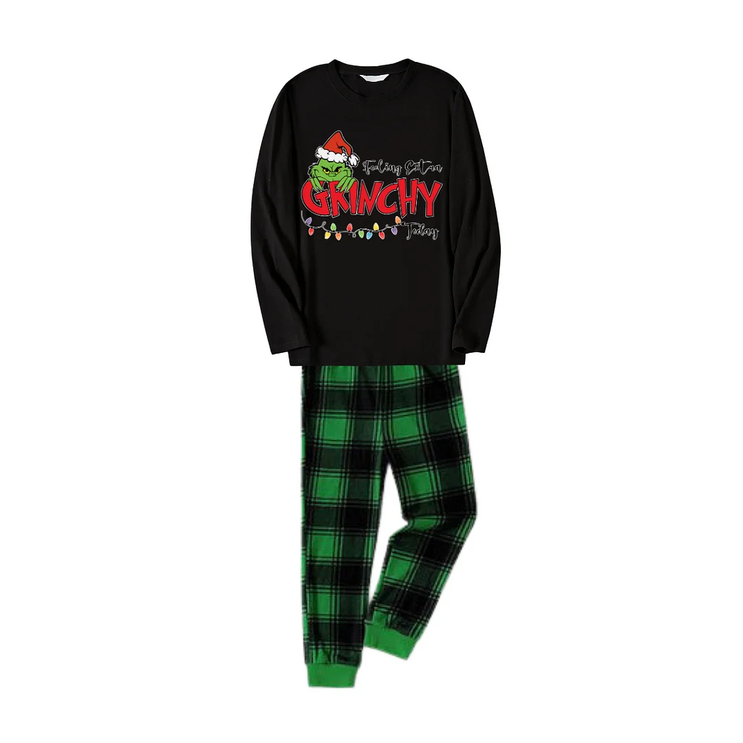 Christmas Cartoon Pattern and Light Print Black Long Sleeve Top with Green and Black Plaid Family Matching Pajamas