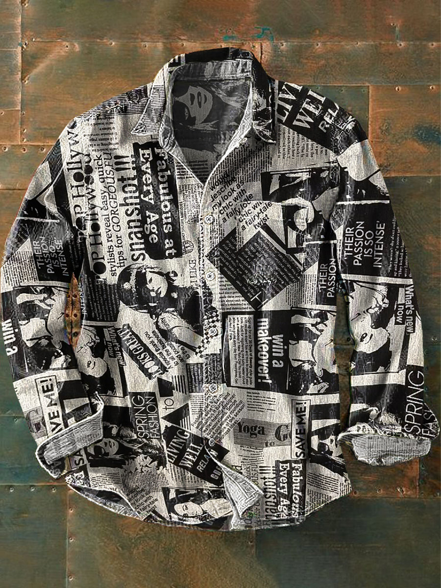 Men's Vintage Fashion Newspaper Art Print Long Sleeve Pocket Shirt