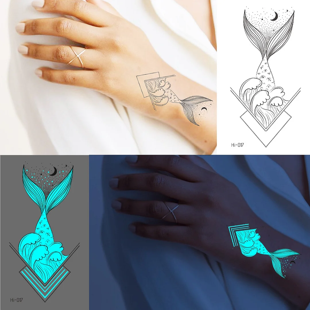 Sdrawing Blue Glowing Whale Feather Temporary Tattoos For Women Men Glow In The Dark Unicorn Glitter Fake Tattoo Sticker Body Tatoos