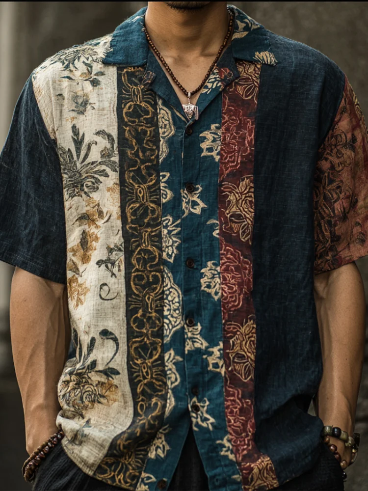 Men's Bohemian Plant Flower Pattern Retro Cotton And Linen Shirt
