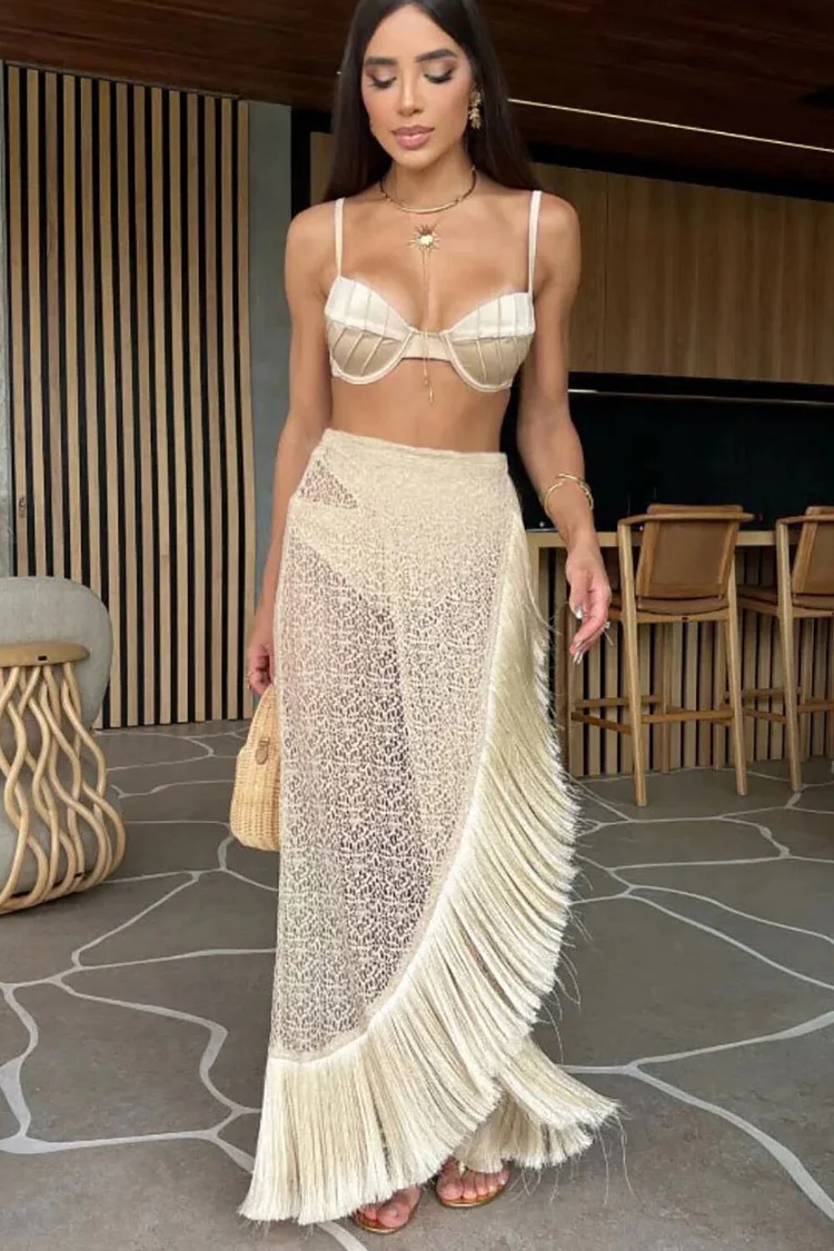 Fringed Textured Semi-Sheer Maxi Skirt Beach Bikini Swimsuit 3pcs Set-Beige