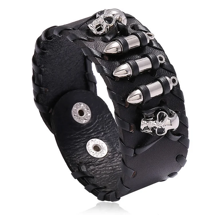 Coutureaura Skull Leather Cuff Biker Wide Bracelet