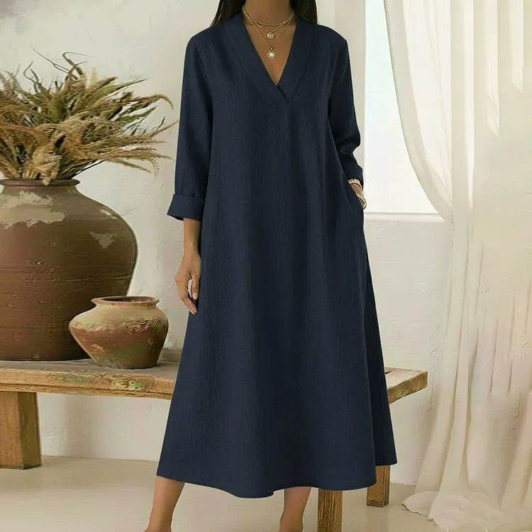 Women's Elegant V-neck Linen-cotton Maxi Dress