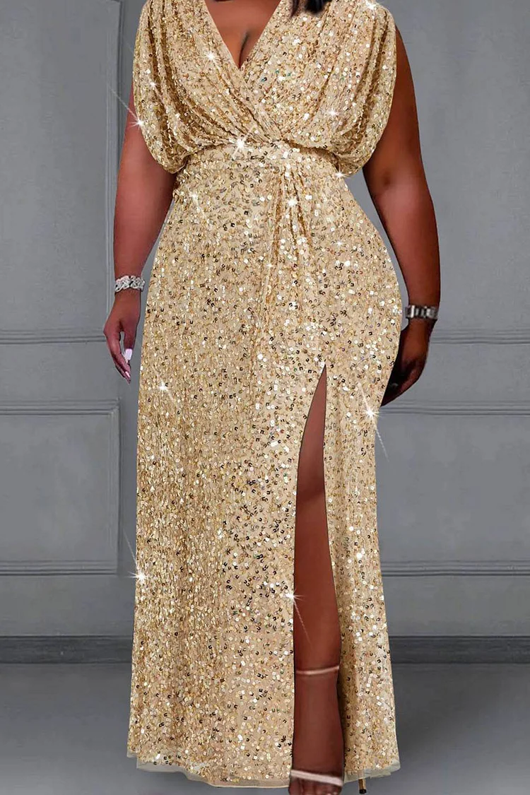 Xpluswear Design Plus Size Formal Gold V Neck Split Sequin Maxi Dresses