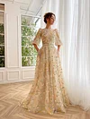 Warm Ivory Champagne Modest Formal Gown Floral Embroidery A Line Floor Length Maxi Prom Dress Modest O Neck Cottagecore Whimsical Ethereal Fairy