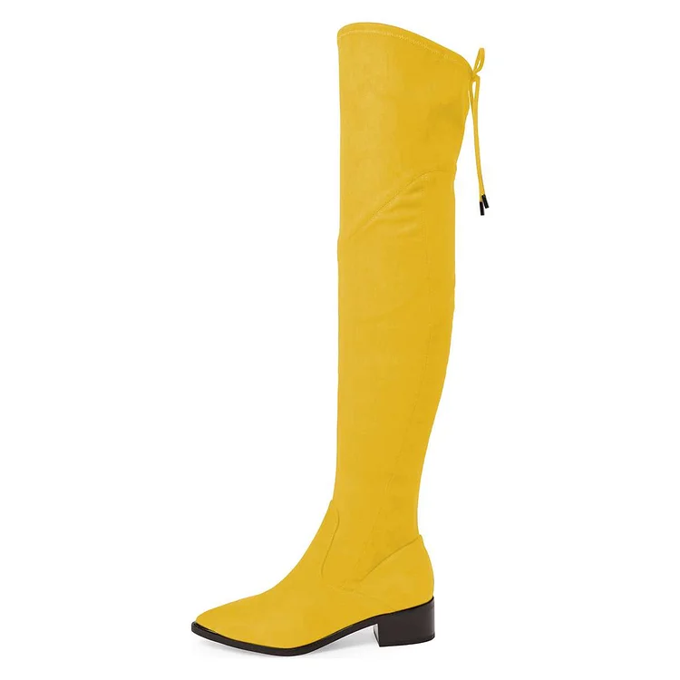 Yellow Suede Pointy Toe Chunky Heel Thigh-High Boots Vdcoo