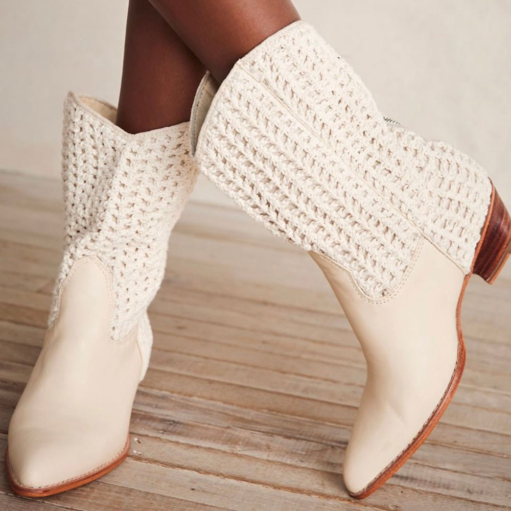 Ivory Crochet Patchwork Pointed Toe Back Zipper Cowboy Boots for Women Nicepairs