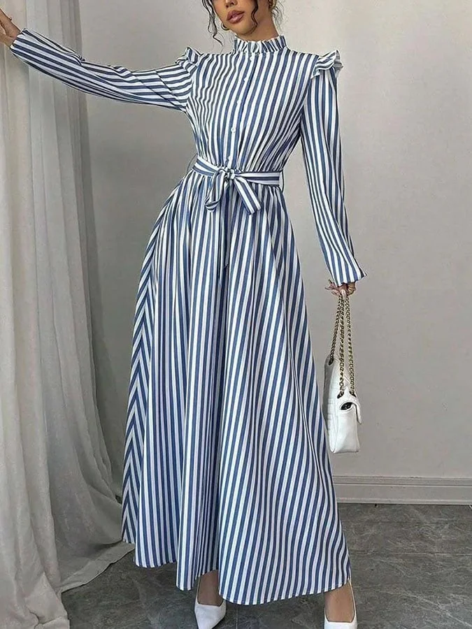 Women's Casual Striped Stand Collar Long Sleeve Dress