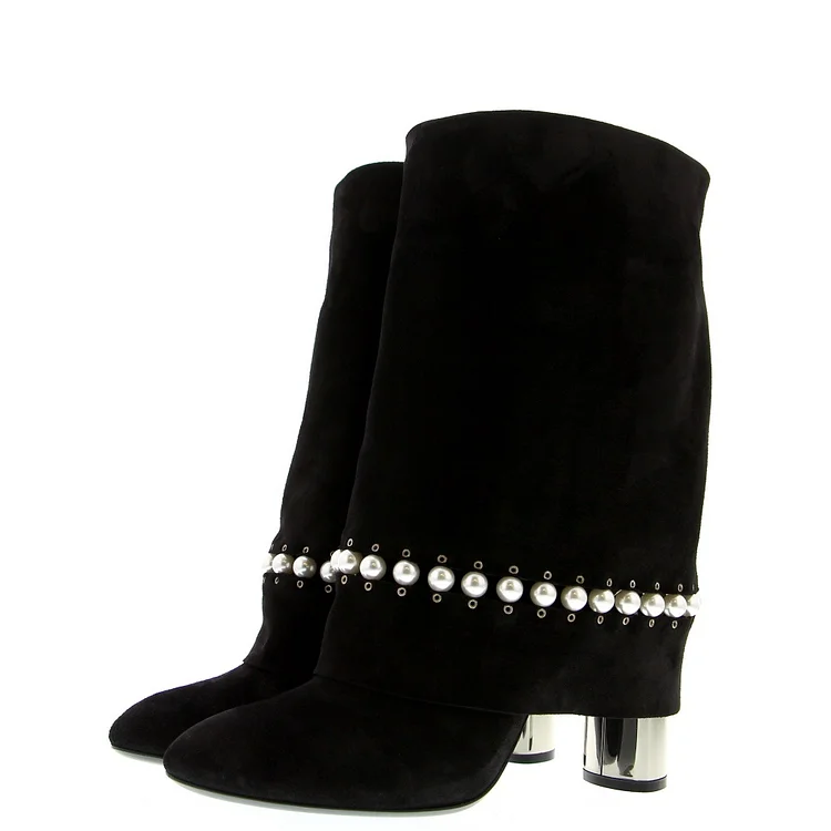 Black Suede Flod Over Pearl Chunky Heel Ankle Shark Boots |FSJ Shoes