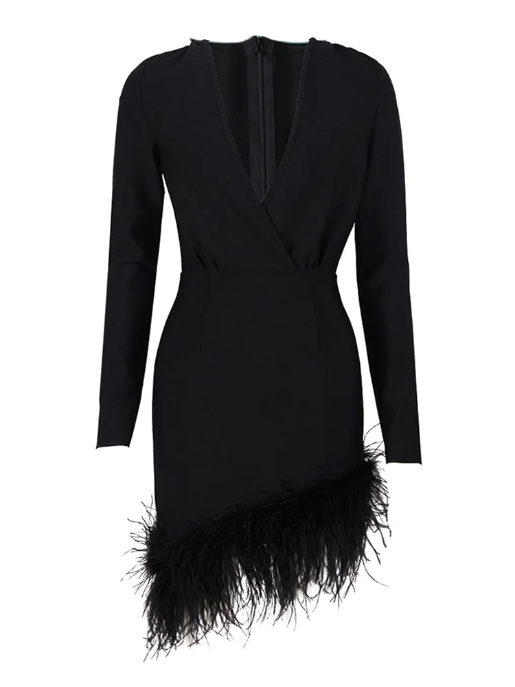 V-Neck Long Sleeve Feathers Bandage Mini Dress Winter Women Black Feathers Asymmetrical Slim Dress Evening Party Club Dress
