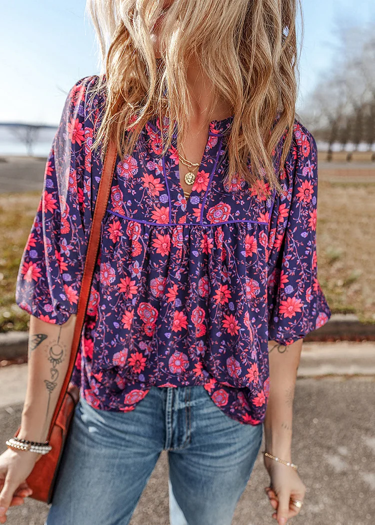 Plus Size Purple O Neck Print Chiffon Top Summer
