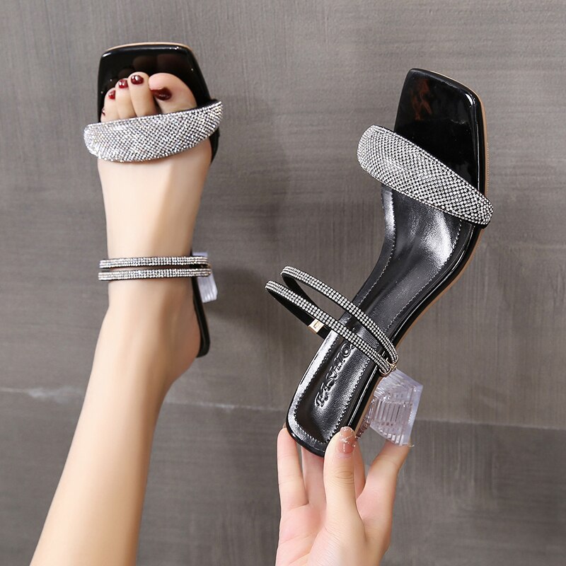 VCSHOES Crystal Sandals Slippers Low Heels Square Open Toe Slides Shoes Sandals