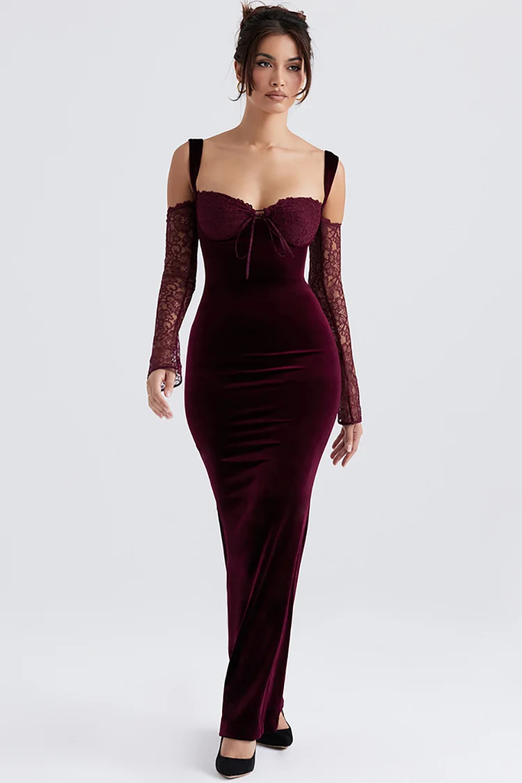 Cold Shoulder Lace Sleeve Bodycon Velvet Formal Party Maxi Dresses 