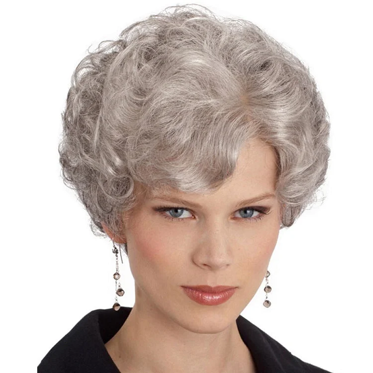 Short Grey Curly Wigs with Bangs for White Women Natural Good Looking Pixie Cut Wigs