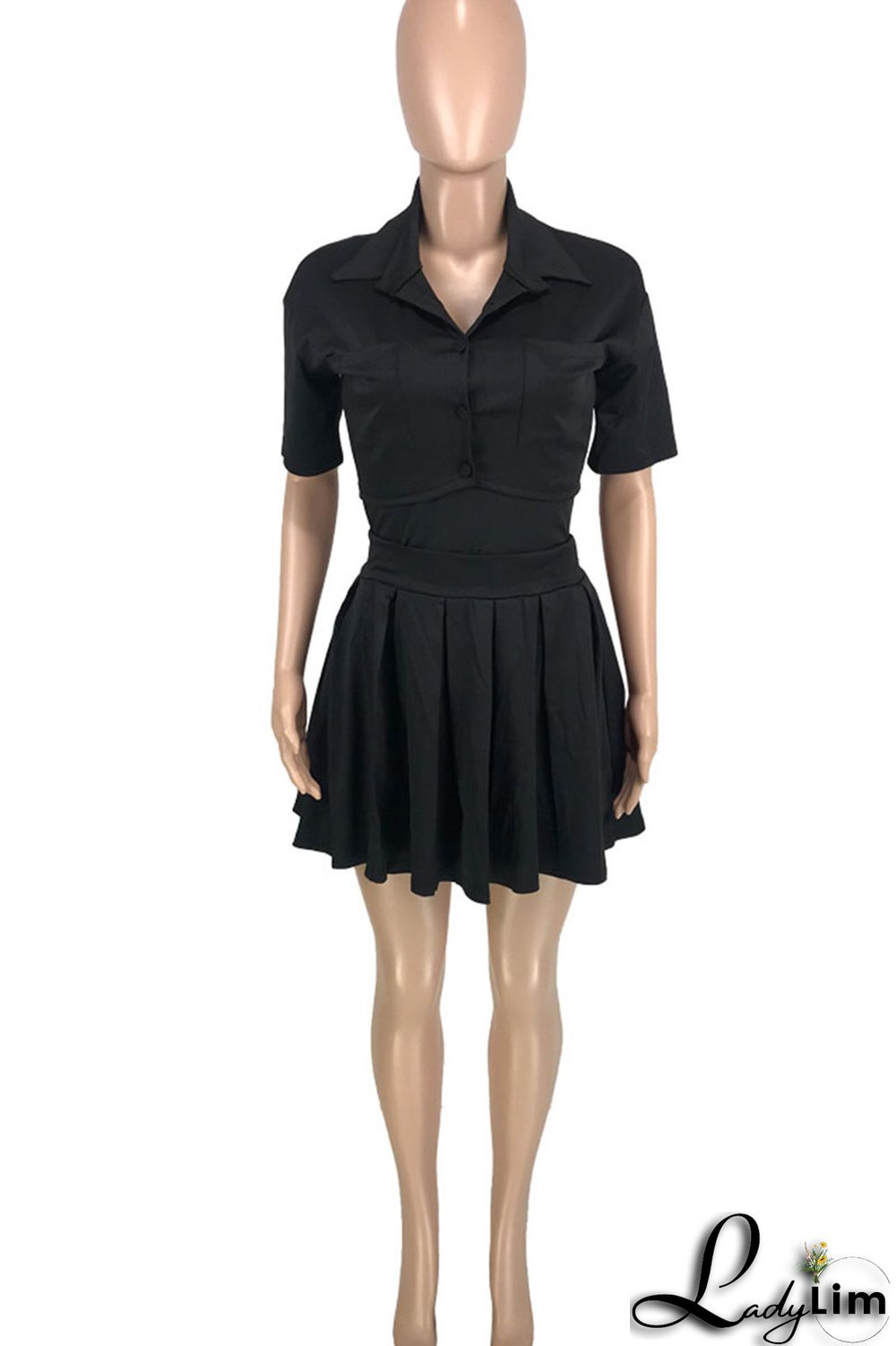 Red Casual Solid Patchwork Buckle Fold Turndown Collar Short Sleeve Two Pieces