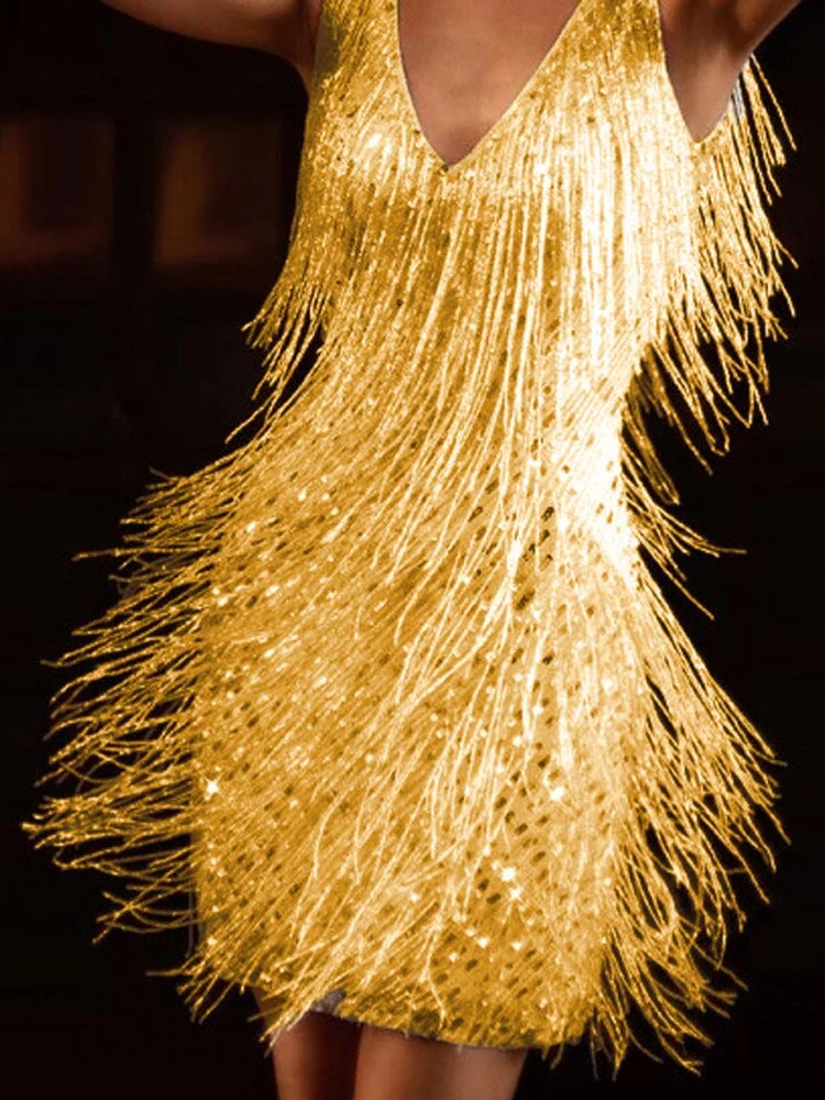 Women Elegant Solid Sleeveless Mini Dress Summer Fashion V Neck Feather Pencil Dress Office Lady Casual Sequin Tassel Dress