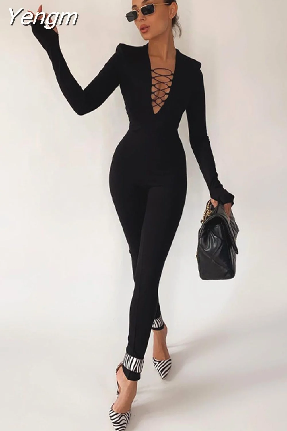 Yengm Autumn Hollow Out Black Jumpsuits Women Green Long Sleeve Bodycon Jumpsuit Winter One Piece Sexy Club Outfits For Women