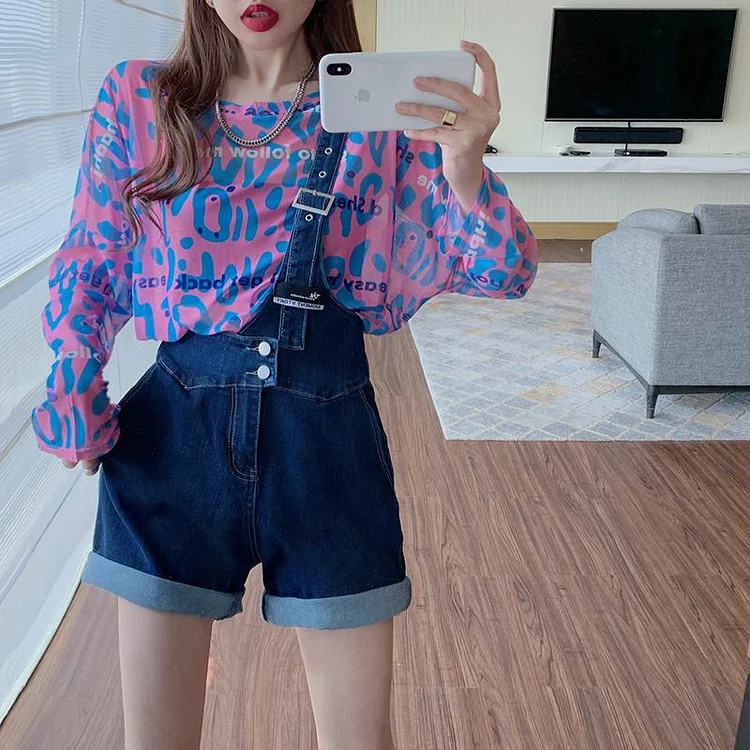 One Shoulder Belt Suspender Denim Shorts and Letter Print Sun Protective Shirts