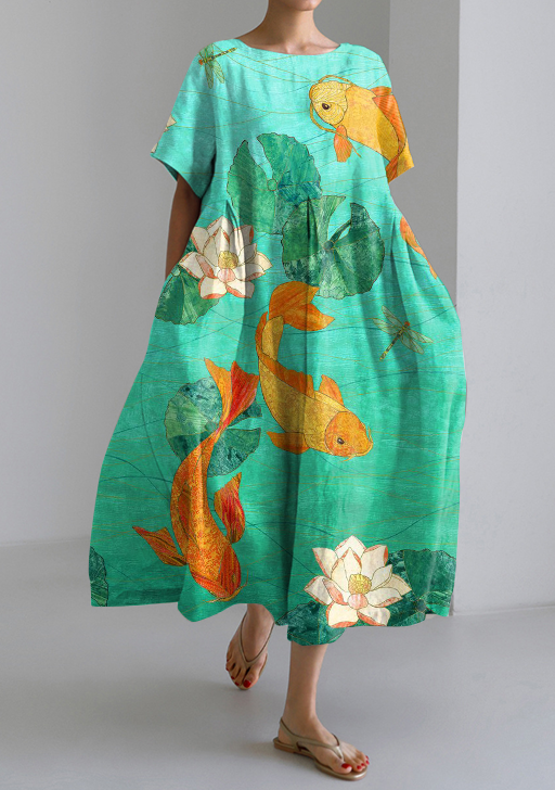 Japanese Goldfish Art Print Short Sleeve Midi Dress