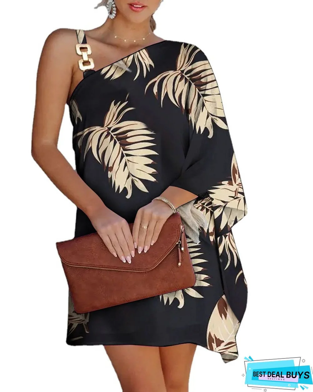 Bat Sleeve Off Shoulder Metal Suspender Dress For Women