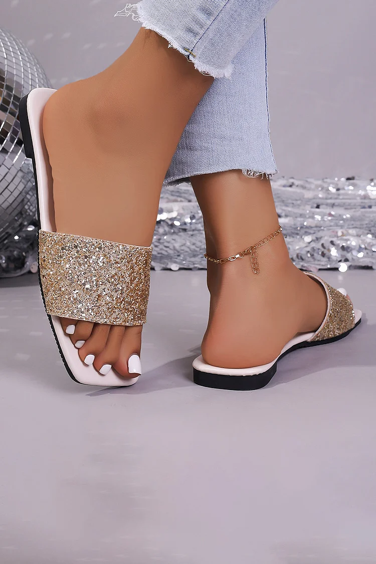 Casual Rhinestone Square Head Sequin Flat Slippers 2024 - Xpluswear