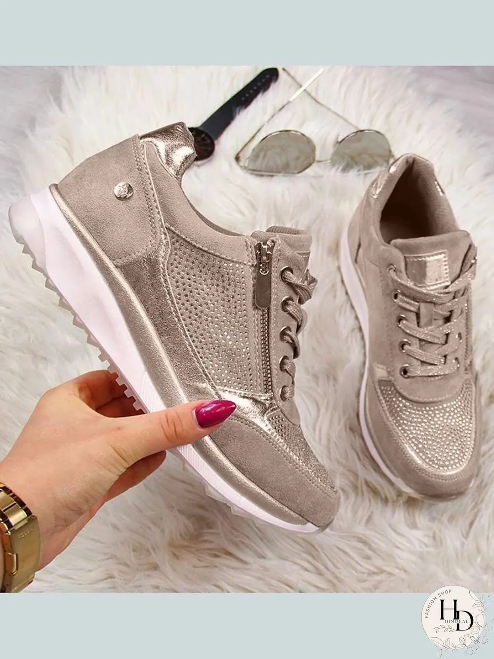 Diamond Panel Zip Lace-Up Casual Shock Absorbing Sneakers