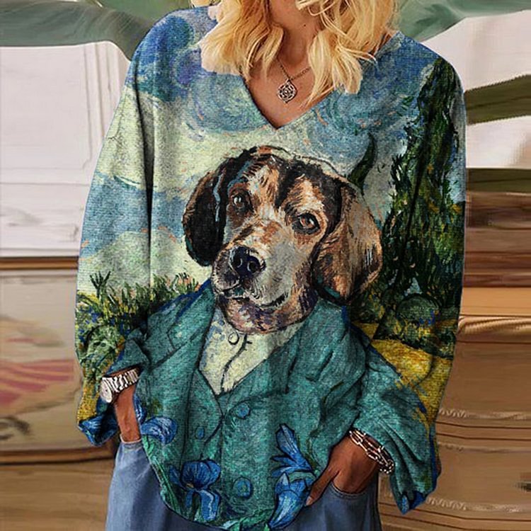 Vefave Art Dog Print V-Neck Loose T-Shirt