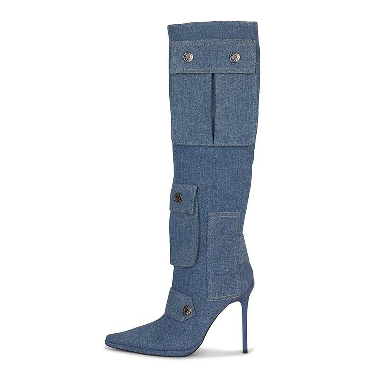 Blue Pointed Toe Pockets Boot Classic Stiletto Heels Denim Knee Boots |FSJ Shoes
