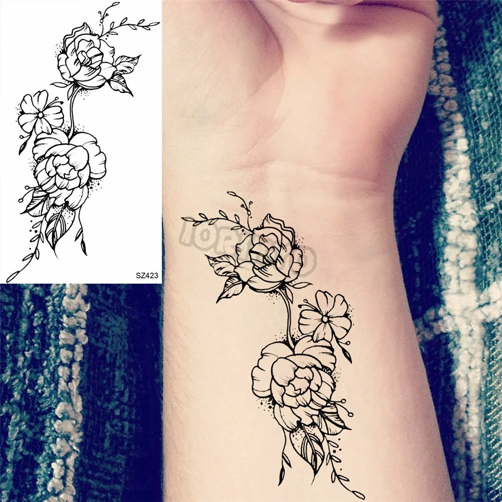 Black Pencil Sketch Henna Lotus Temporary Tattoos For Women Girls Realistic Planet Dandelion Fake Tattoo Sticker Back Arm Tatoos
