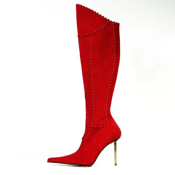 Red Knee-High Pointy Toe Stiletto Boots - Fashionable and Trendy Vdcoo