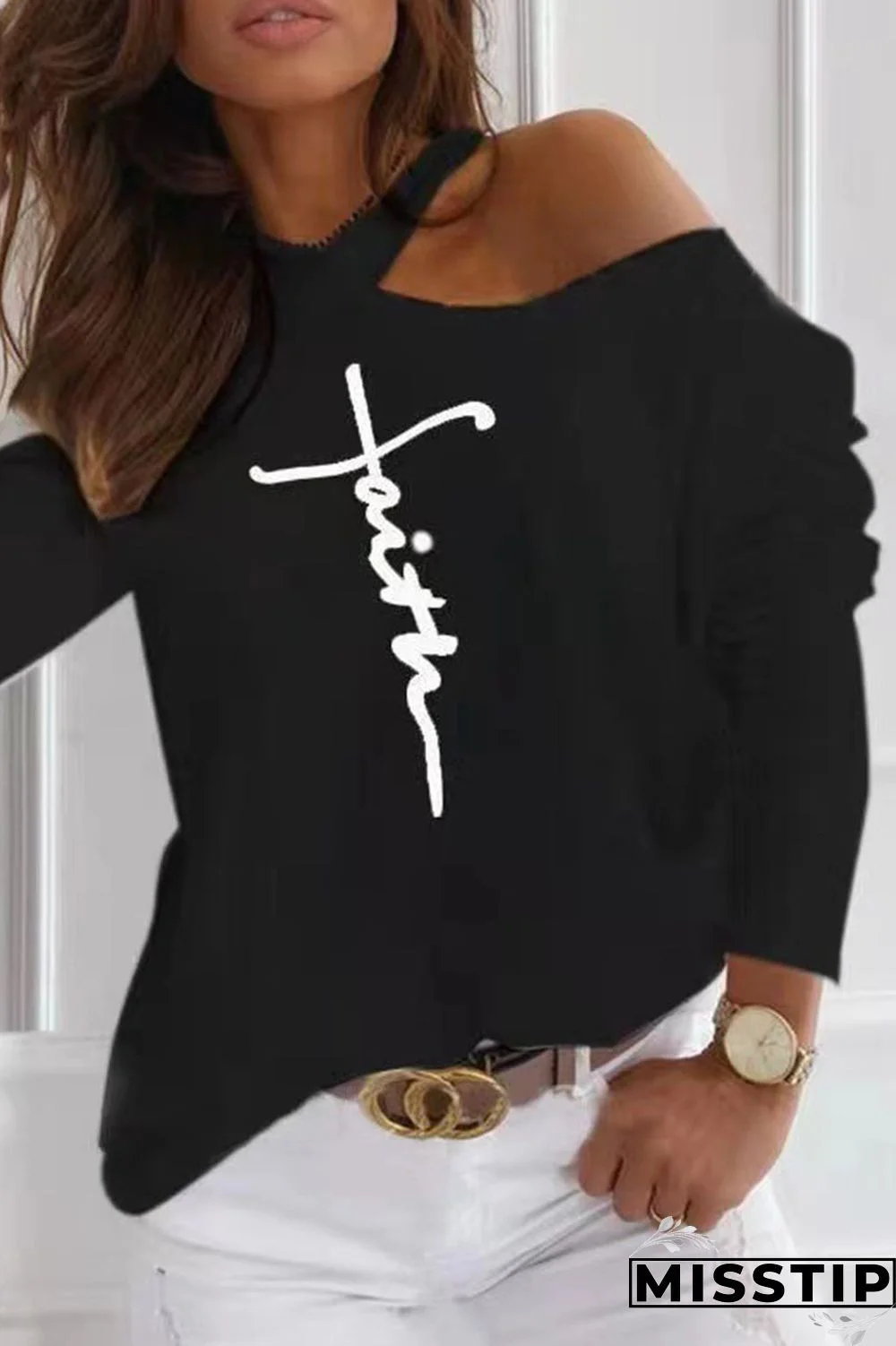 Black White Casual Print Patchwork O Neck Tops