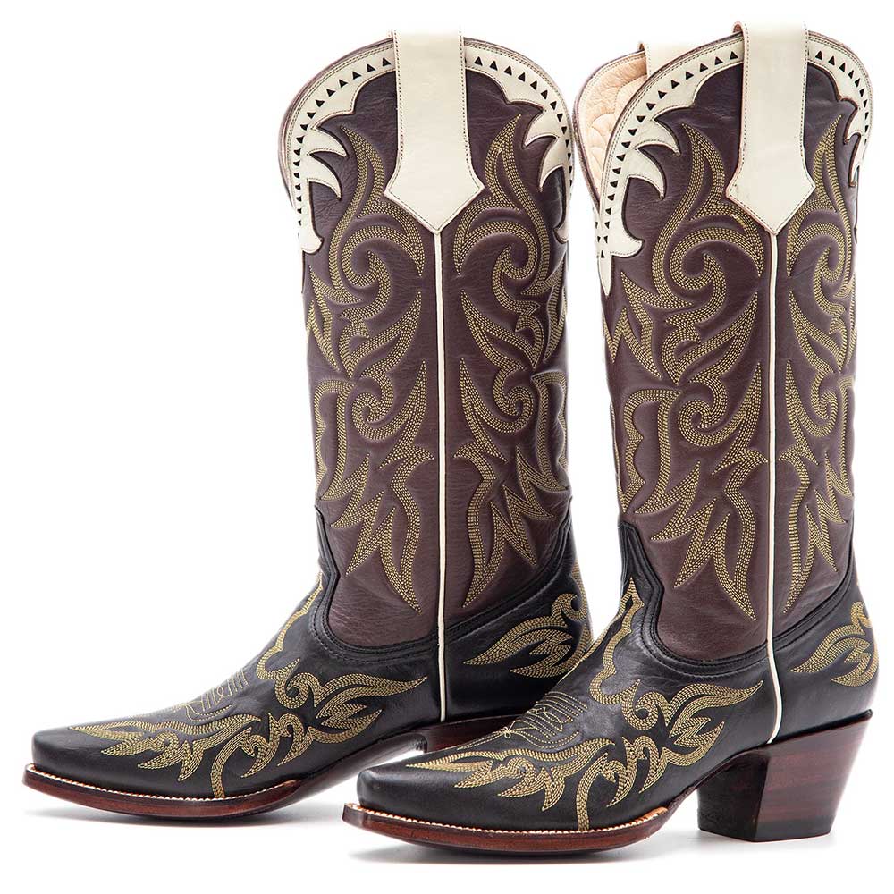 Brown & Black Snip Toe Embroidered Knee-High Vintage Cowgirl Boots Nicepairs