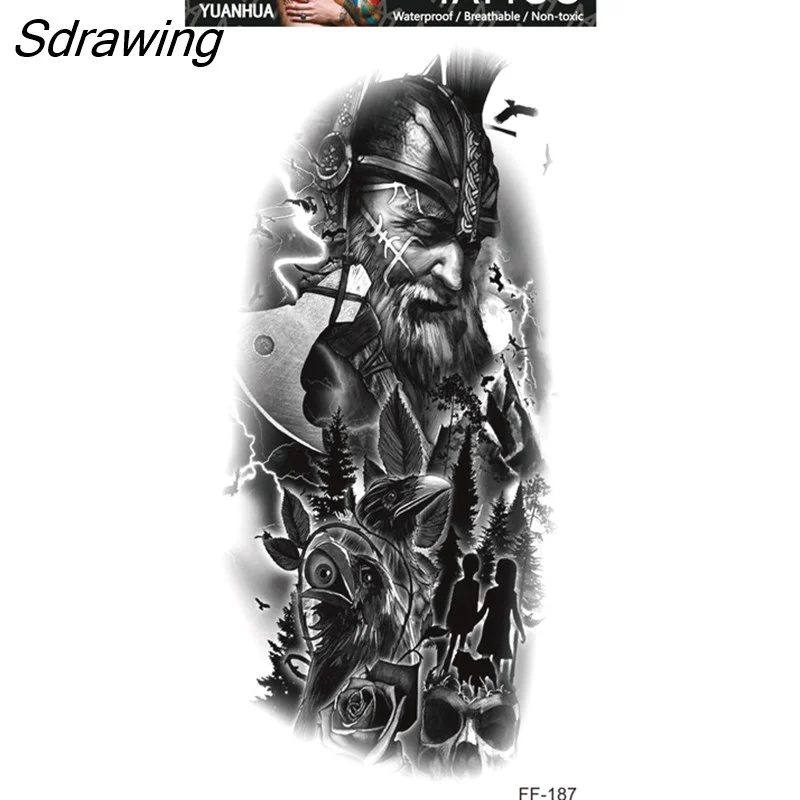 Sdrawing Forest Tattoo Sticker for Men Women Children Tiger Wolf Death Skull Temporary Tattoo Fake Henna Skeleton King Animal Tatoo