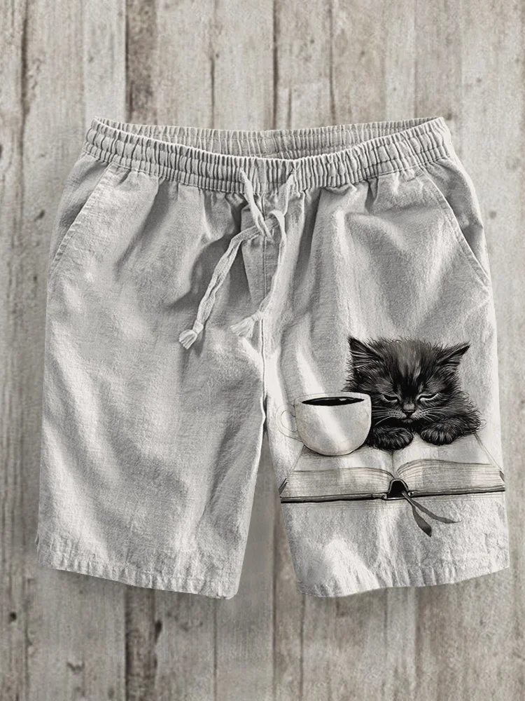 Men's Cat with Book and Coffee Art Print Casual Shorts