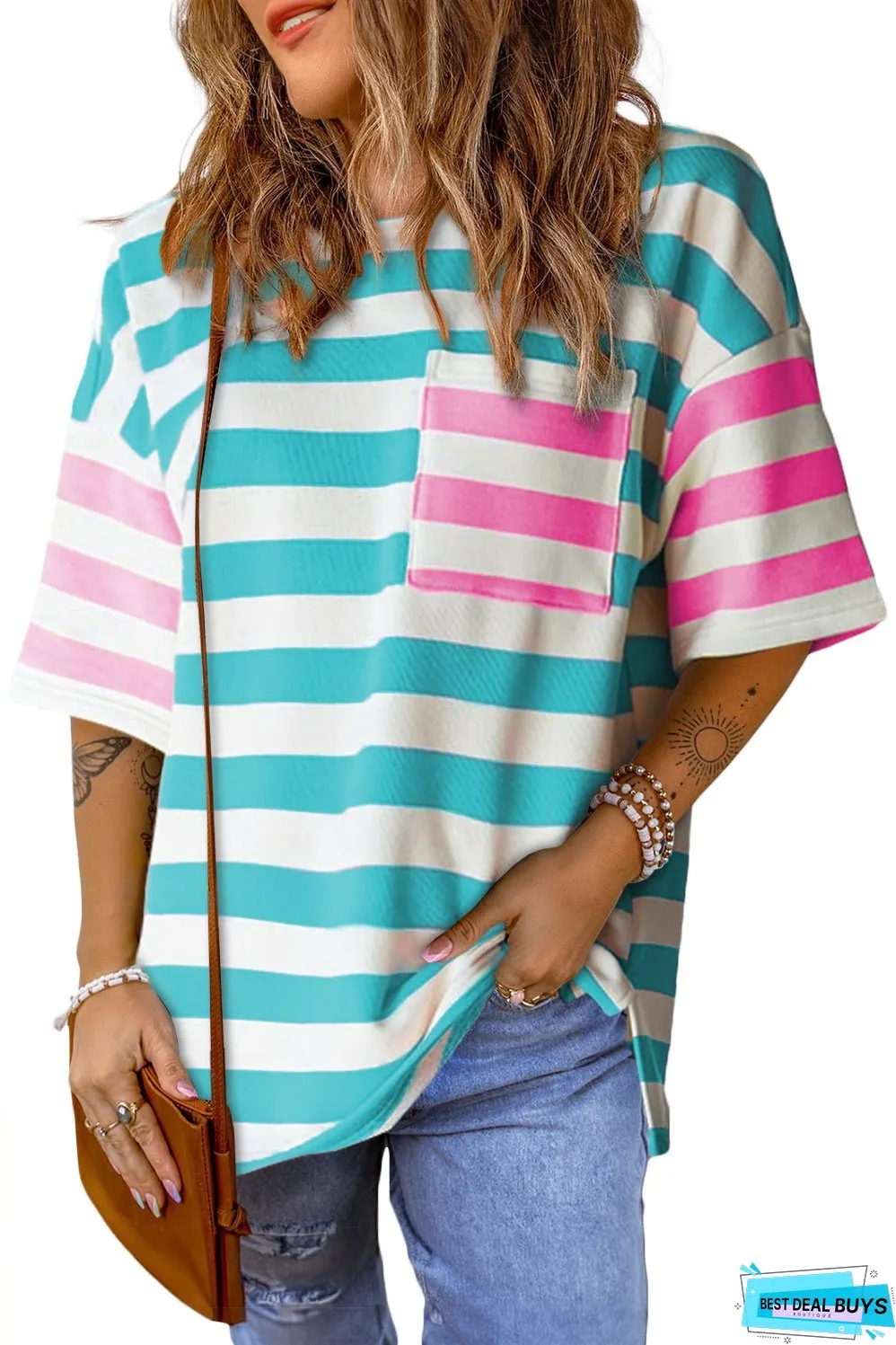 Contrast Patch Drop Sleeve T Shirt