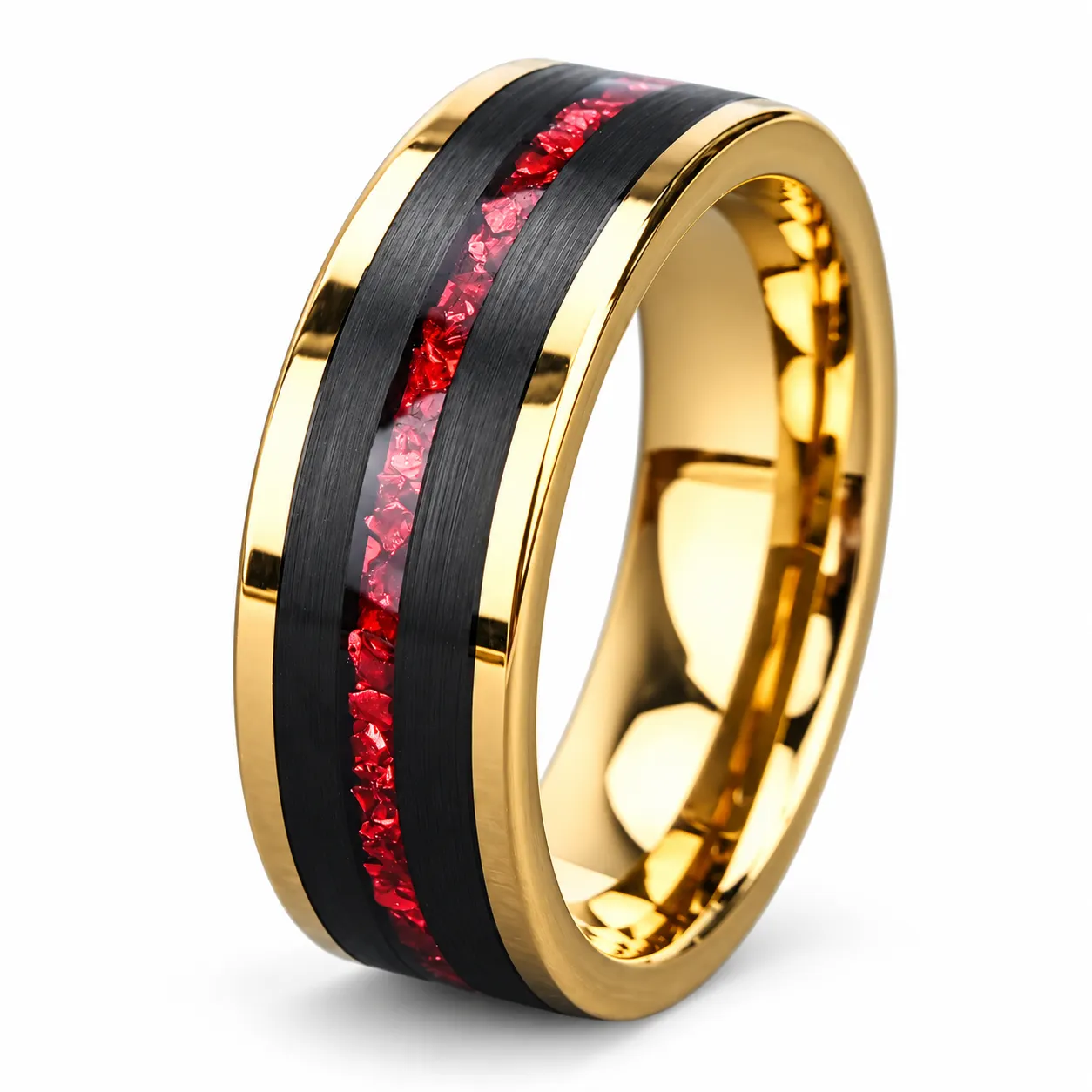  8mm Black and Gold-Tone Tungsten Carbide Ring with Red or Green Crystal Inlay