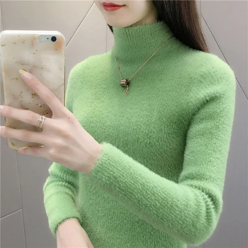 Zoki High Quality Faux Fur Women Knitted Sweater Winter Warm Turtleneck Pullover Female Top Casual Thick Korean Loose Jumper