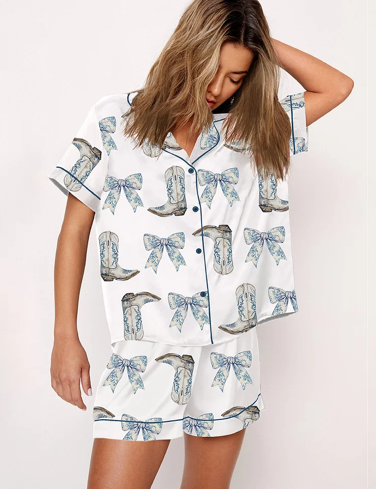 Women's Coquette Blue Bow And Boots Cowgirl  Pajama Set