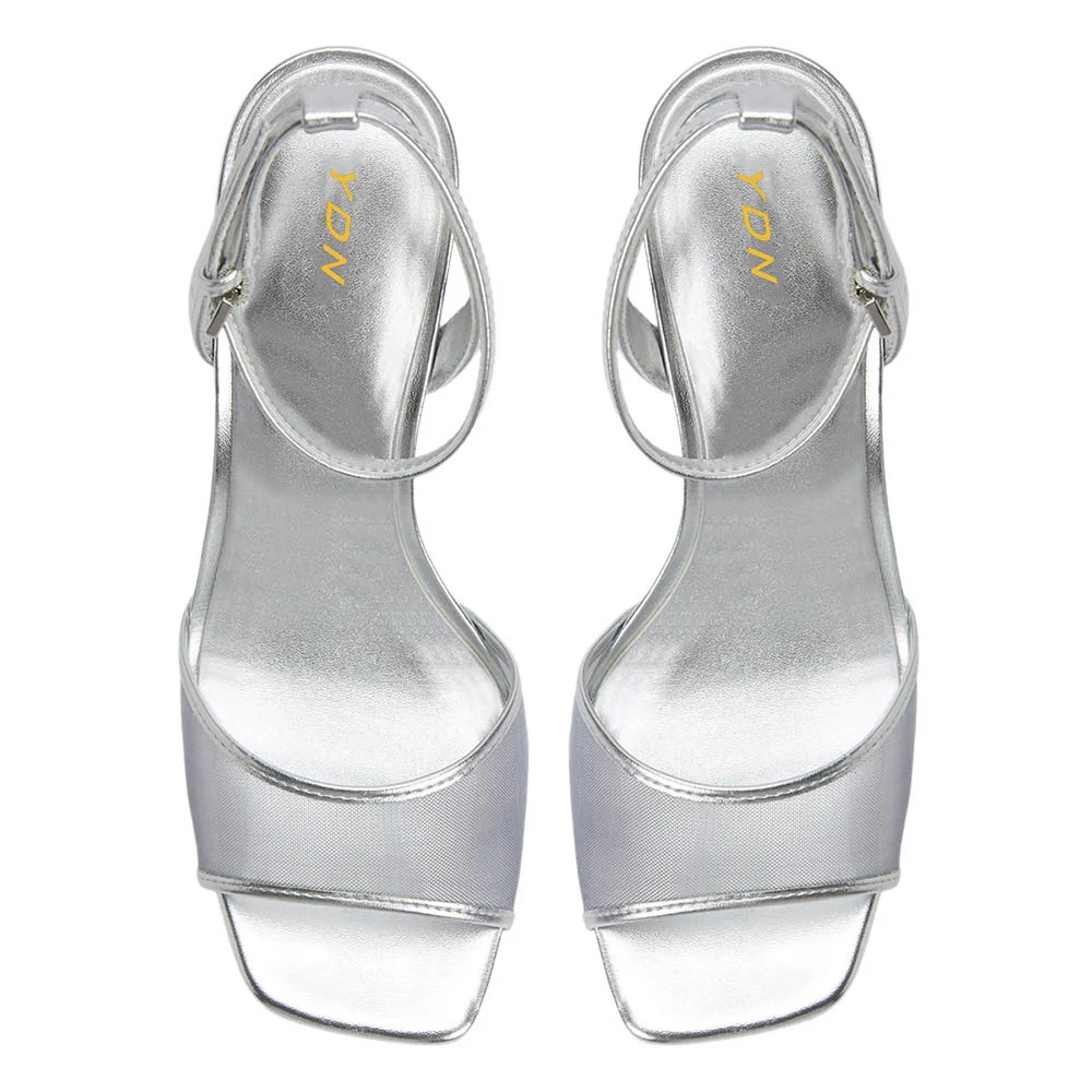 Silver Open-Toe Ankle Strap Chunky Heeled Sandals with Platform