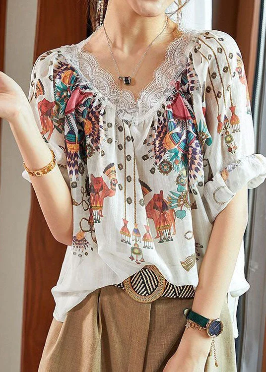 Loose White V Neck Print Lace Patchwork Chiffon Shirt Tops Summer