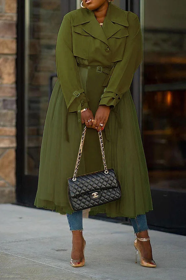 Solid Color Tulle Patchwork Unusual Belted Trench Coat