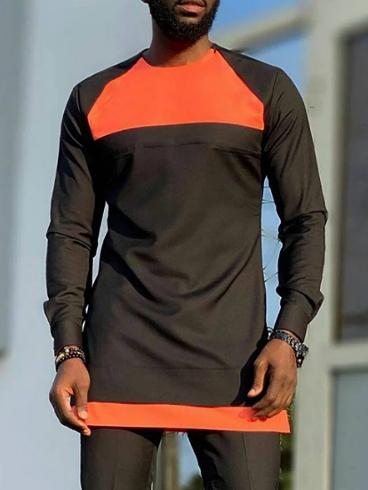 Men's casual black orange print long sleeve top