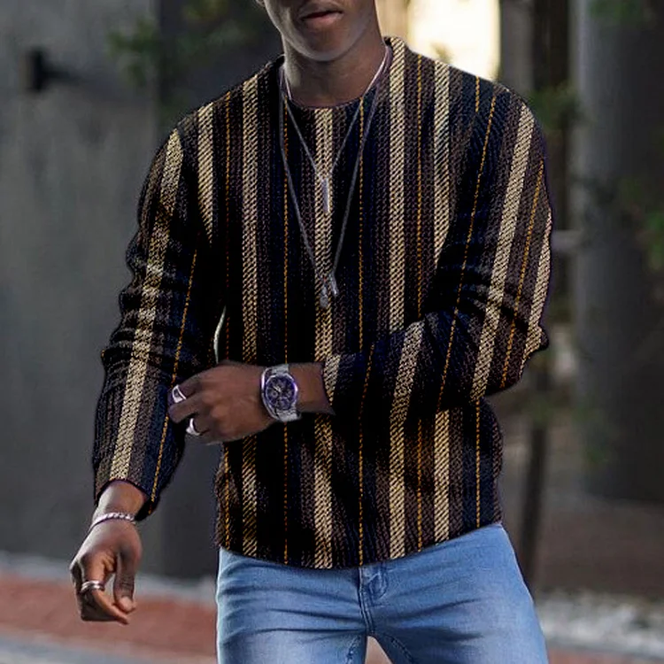 Casual Slim Striped Printed Round Neck Long Sleeve Men's Top